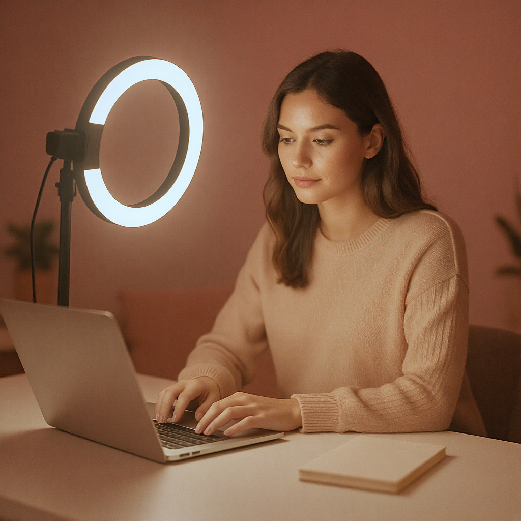 Ring light, laptop and notepad in a cozy home studio